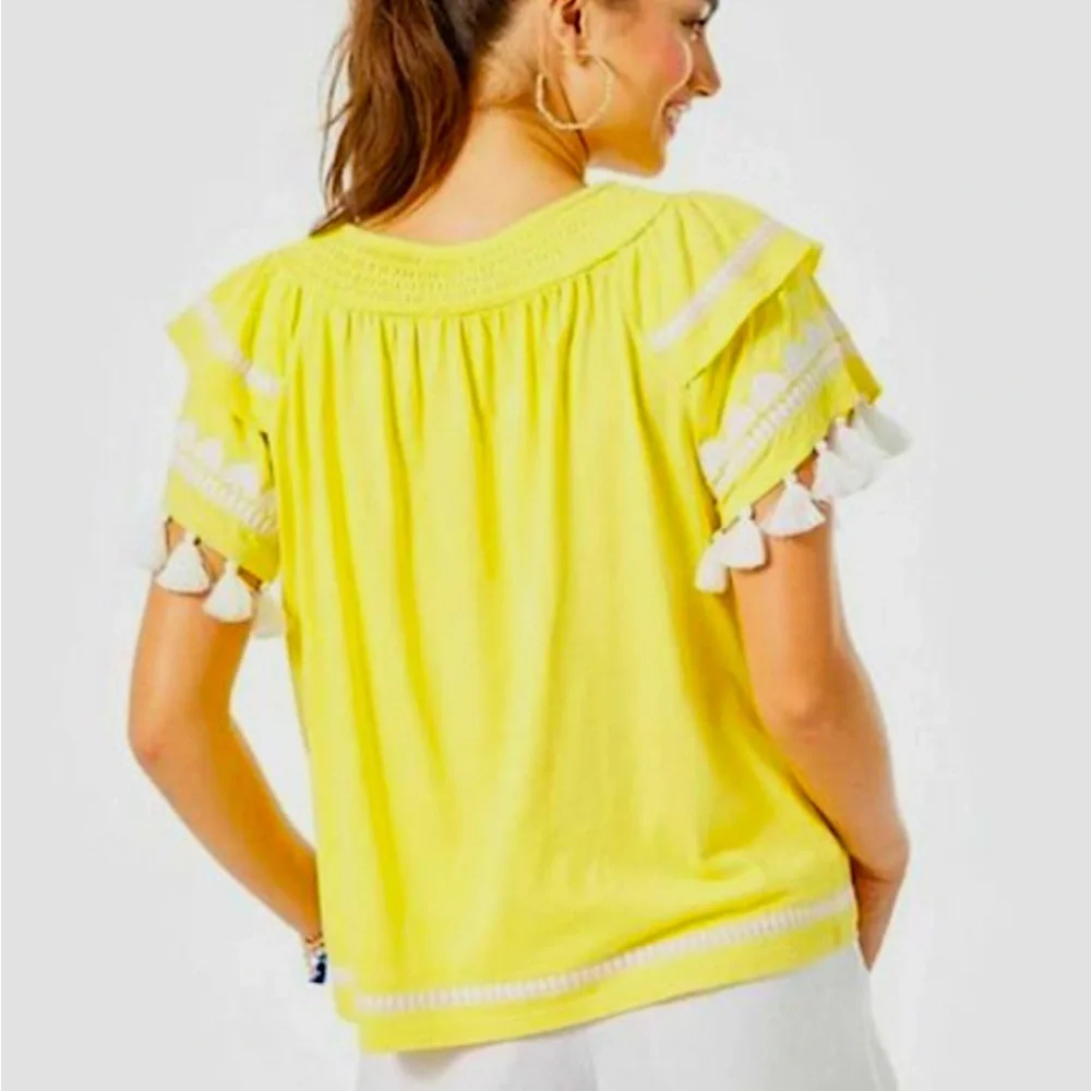 Lilly Pulitzer Nailah Tassel Sleeve Lillys Lemon Pima Cotton Women's Top Sz M - Picture 4 of 9